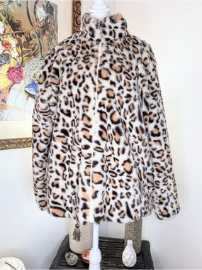 Katydid Leopard Print Faux Fur Jacket Womens XL Plush Zip Coat Animal Print